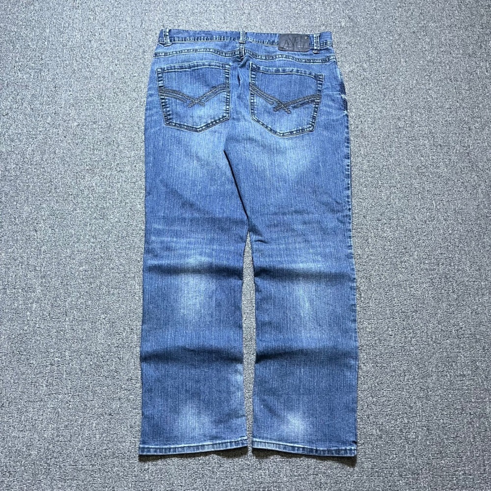 Y2K Axel Slim Straight Jeans 36x32 Blue Denim Medium Wash Embroidered Pockets